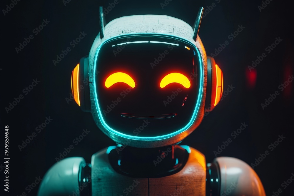 Poster smiling futuristic robot with glowing features in a low-light environment, showcasing advanced techn