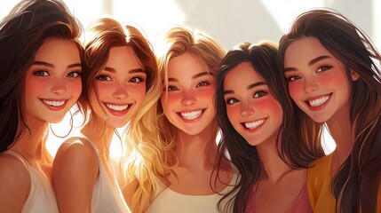 Obraz premium Group of five happy friends smiling together in warm sunlight