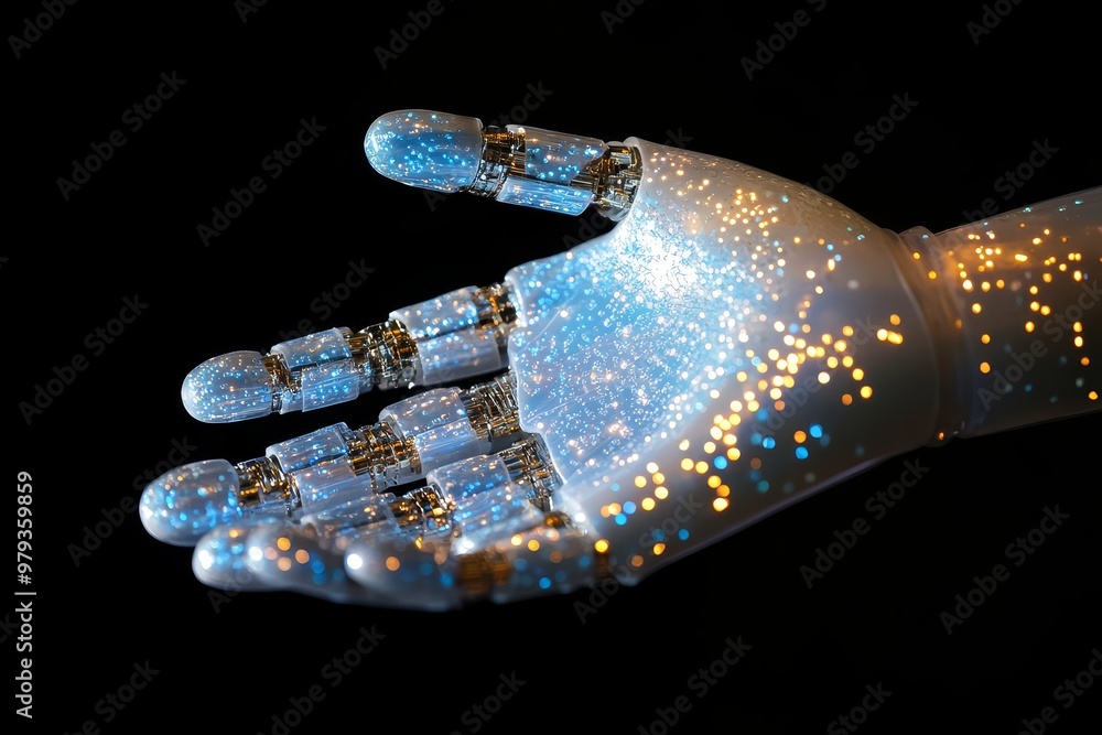 Poster a futuristic robotic hand showcasing a sparkling design against a dark background, representing adva