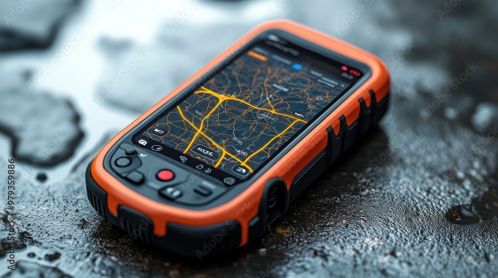Poster rugged smartphone displaying a detailed navigation map.