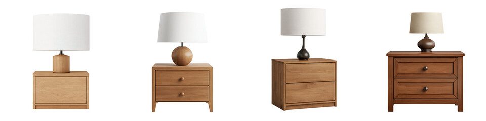 A collection of elegant bedside tables with stylish lamps, showcasing modern design and warm wood tones for contemporary interiors. isolated on a transparent background