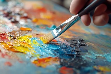 Fototapeta premium A close-up view of a hand painting with a brush on a colorful canvas featuring vibrant hues in a creative studio setting