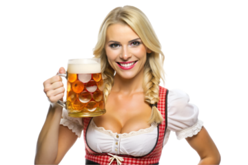 German woman holding an Oktoberfest beer isolated on transparent background
