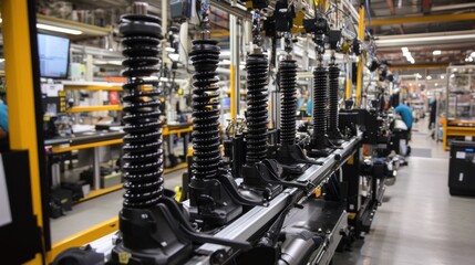 The suspension production line features workers assembling front forks and rear shock absorbers