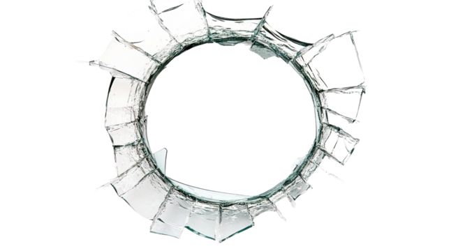 Broken glass frame with a circular hole and a design element