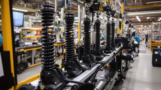 The suspension production line features workers assembling front forks and rear shock absorbers