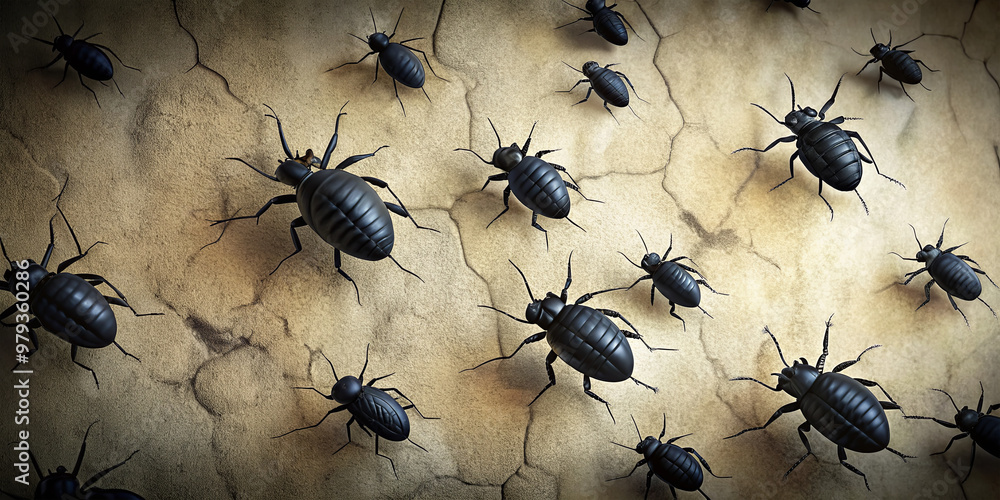 Poster a large group of black insects is seen navigating a cracked, textured surface in dim light. the crea