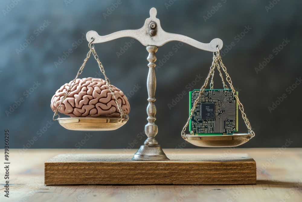 Aufkleber a brain and a circuit board balanced on a scale symbolize the comparison between human intelligence 