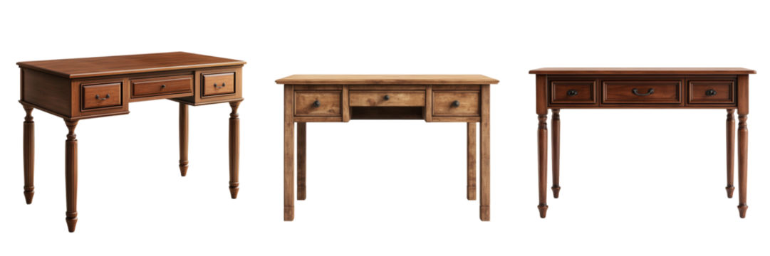 Three distinct wooden desks showcasing different styles and designs, perfect for home or office settings. isolated on a transparent background - Powered by Adobe
