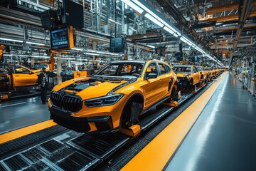 In a bustling automotive factory, bright orange cars are being assembled on the production line, showcasing the intricate process of vehicle manufacturing