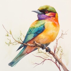 Obraz premium Watercolor painting of a colorful bird perched on a branch.