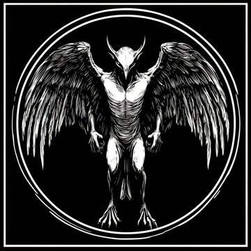 recommend clip art: A black and white illustration of a grotesque winged creature with a bird-like head, standing in a circular frame against a black background.