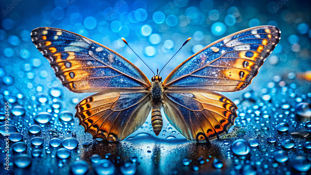 Aufkleber a butterfly rests on a reflective surface adorned with droplets of water, displaying its intricate p