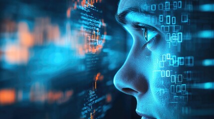 A close-up of a person's face illuminated by digital data, symbolizing technology, innovation, and the future of computing.