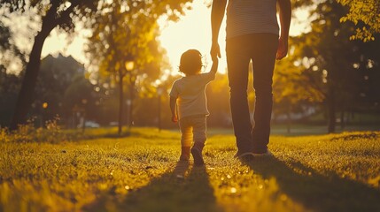 A happy family walks hand-in-hand through the city park at sunset, enjoying a playful moment as the sun sets on their joyful day together.