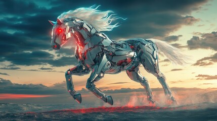 A cybernetic wild horse galloping across a futuristic landscape, its metallic mane flowing and glowing red eyes.