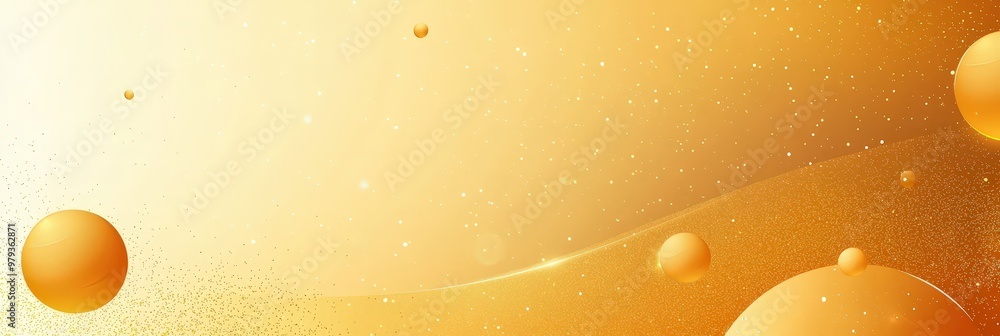 Poster The artwork showcases a smooth golden background featuring various sizes of floating spheres. Subtle gradients and sparkling effects create an inviting, warm atmosphere