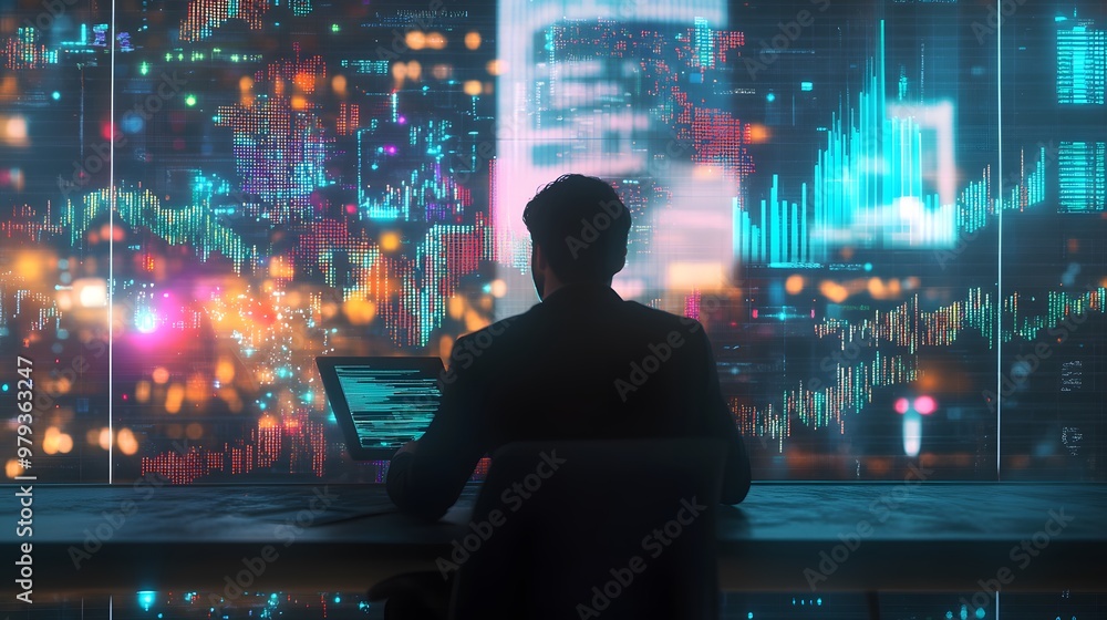 Poster a silhouetted man working with data in a modern office setting