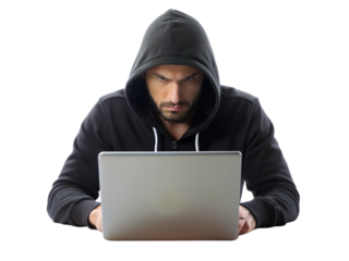 Hacker wearing a black hoodie and coding software isolated on transparent background