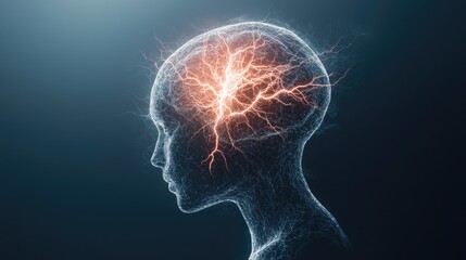 Obraz premium A futuristic depiction of a human head with electric brain activity, symbolizing thoughts and innovation in neuroscience.