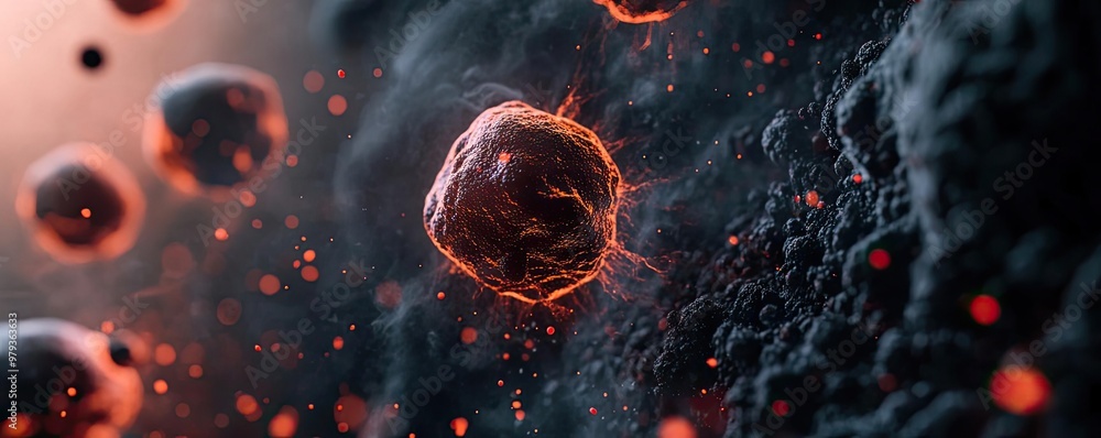 Poster close-up view of a microscopic cell with a vibrant, glowing appearance, showcasing intricate details