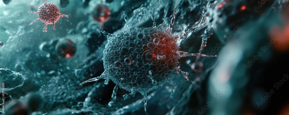 Poster close-up view of virus particles in a microscopic environment, highlighting the intricate details of