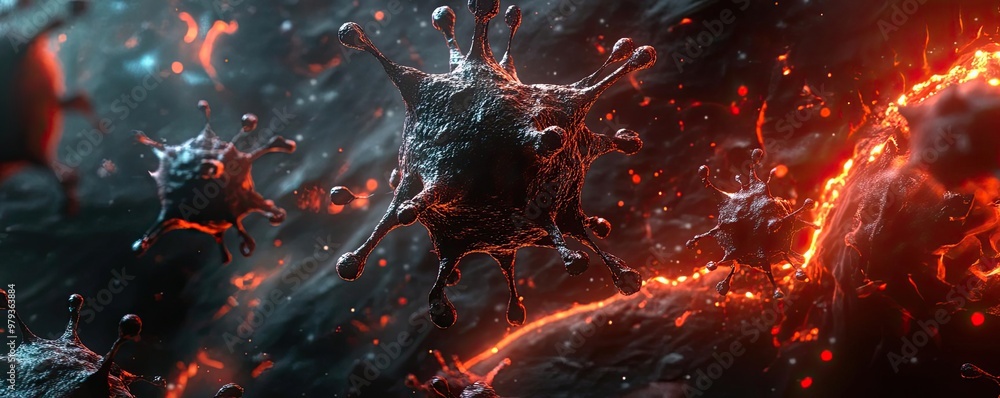Poster abstract visualization of viruses, showcasing intricate details and vibrant colors with a dynamic ba
