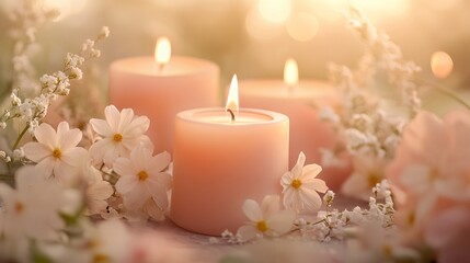 Scented Candles with Delicate Flowers in Soft Peach and Cream Tones - AI generated illustration