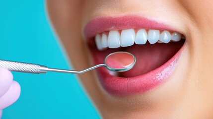 Close-up of a smiling patient showing healthy teeth during a dental checkup with a mirror tool.