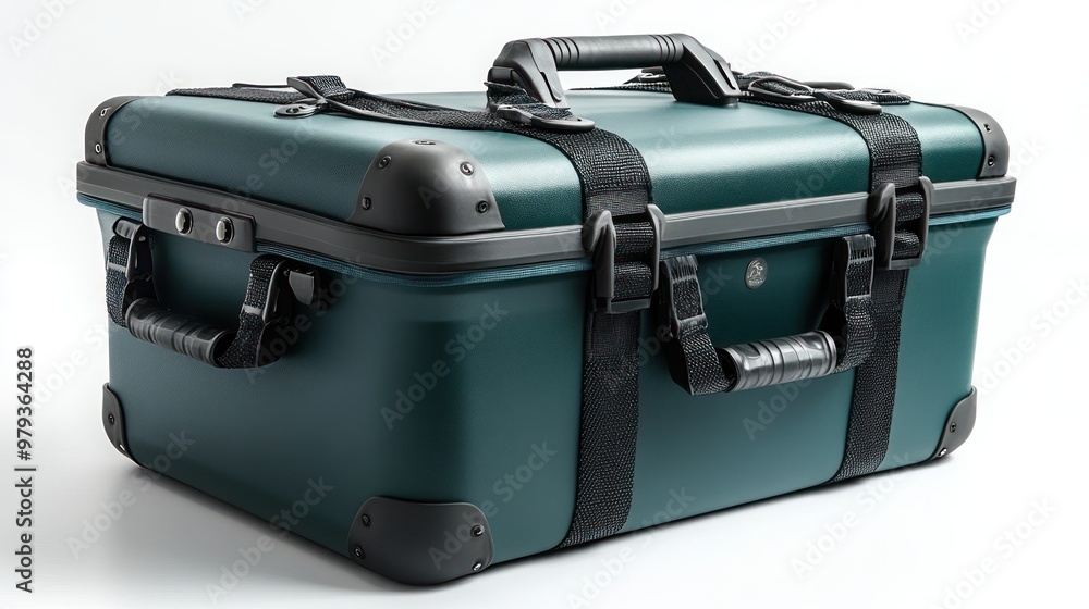 Poster sturdy teal storage case with handles and secure closures.