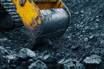 Close-Up of Yellow Excavator Bucket Digging into Black Coal in Open-Pit Mine - AI generated illustration
