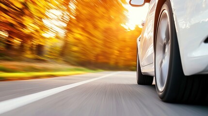 Obraz premium A White Car Cruises Down Asphalt Road