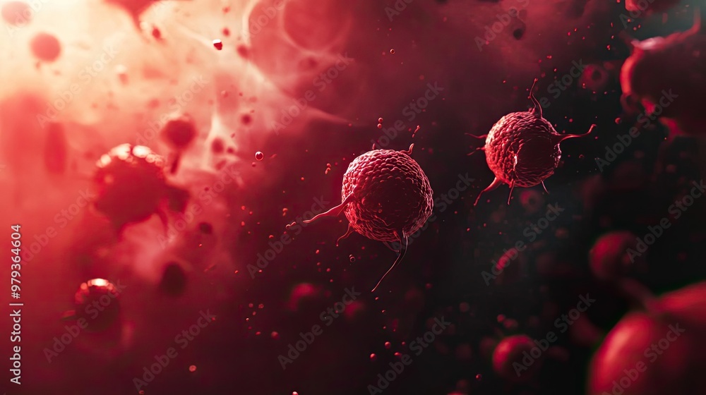 Poster abstract representation of red cells floating in space, evoking themes of biology and microscopic li