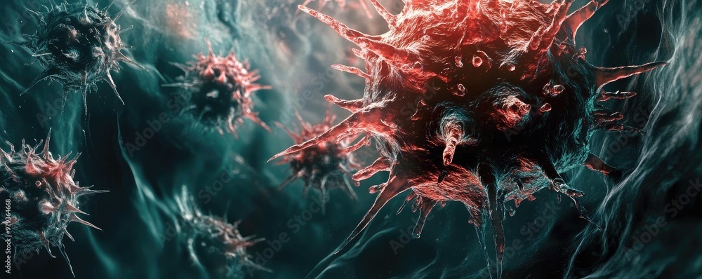 Poster abstract representation of viral particles with vivid colors, illustrating the complexity and beauty