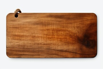 Natural wooden cutting board with a rustic finish and hanging loop placed on a light background