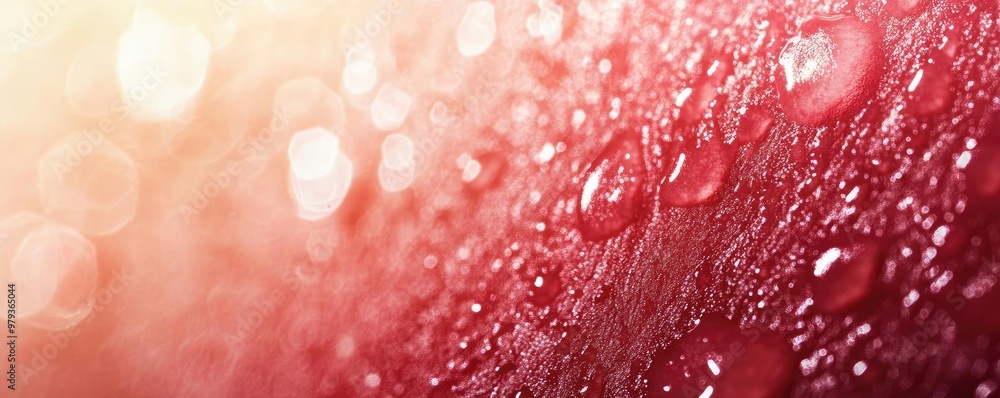 Poster close-up of shimmering water droplets on a red surface, creating a dreamy and vibrant visual effect 