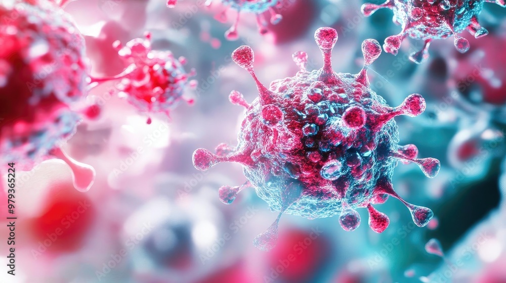 Poster close-up of colorful virus cells highlighting their structure and complexity, suitable for medical a