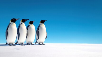 A charming group of penguins standing together against a clear blue sky on a snowy landscape, showcasing their unique beauty.