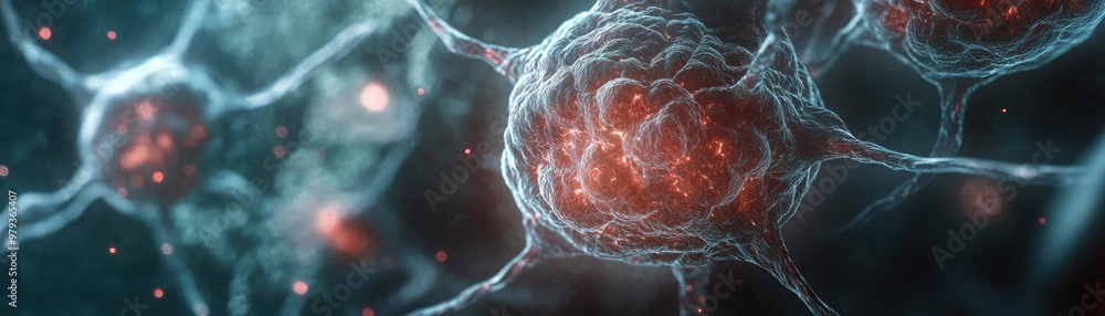 Poster close-up view of intricate neural cells, showcasing their delicate structures and vibrant colors for