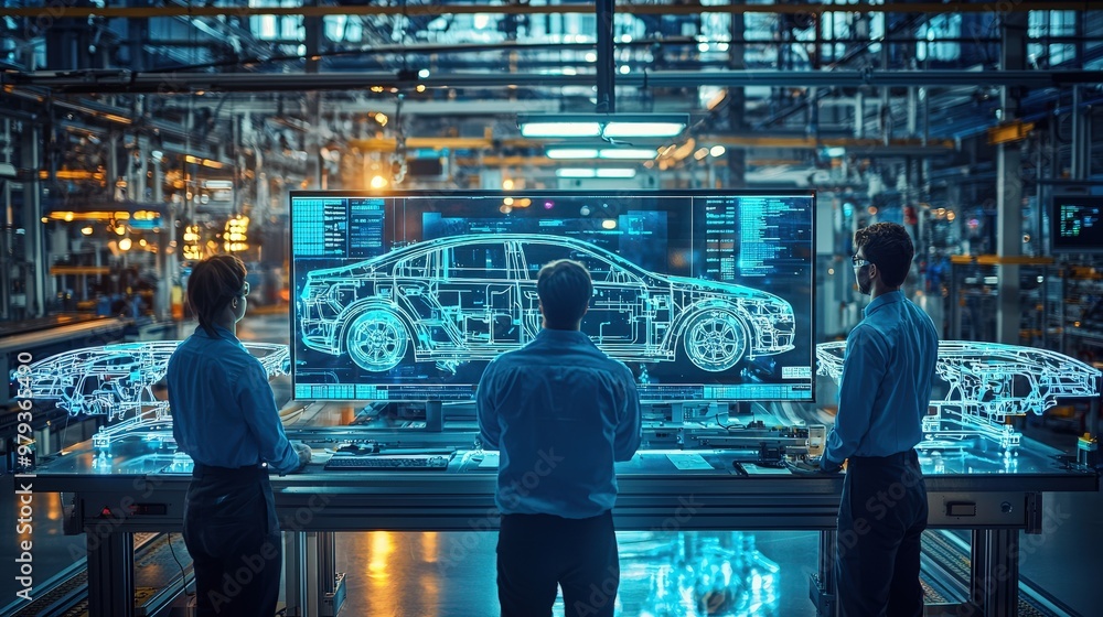 Poster Three engineers review an intricate digital blueprint of a car on a large screen inside a modern manufacturing facility filled with advanced technology