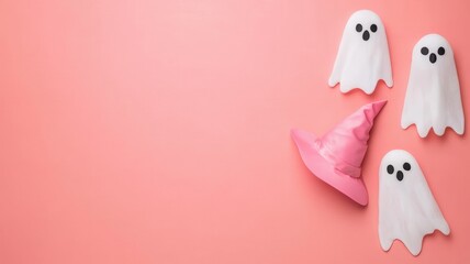 Playful ghosts and a pink witch hat create a whimsical Halloween scene on a pastel background, perfect for seasonal decorations.