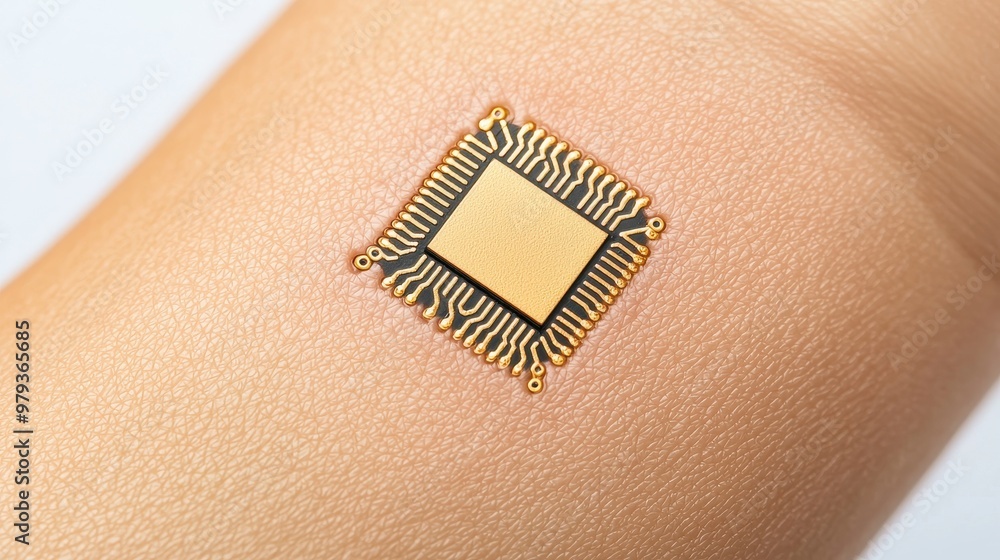 Poster a close-up view of a microchip embedded in human skin, symbolizing technology integration into healt