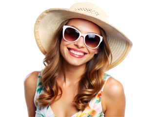 Happy woman wearing sunglasses, summer outfits isolated on transparent background
