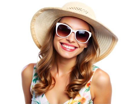 Happy woman wearing sunglasses, summer outfits isolated on transparent background - Powered by Adobe