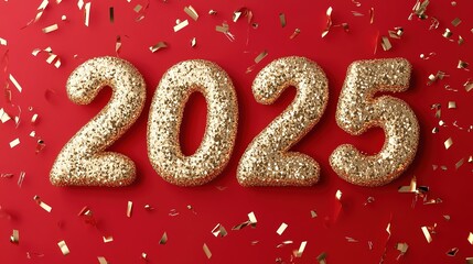 Glittery gold numbers 2025 on red with confetti
