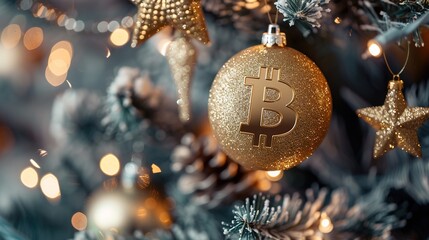 Golden Bitcoin ornament on festive Christmas tree