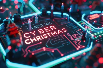 Futuristic neon circuit board with Christmas greetings.
