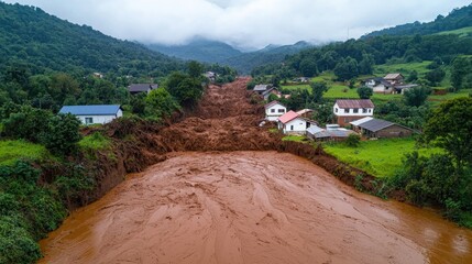 Aerial view of a landscape affected by severe flooding, revealing mudslides and damaged houses in a rural area.