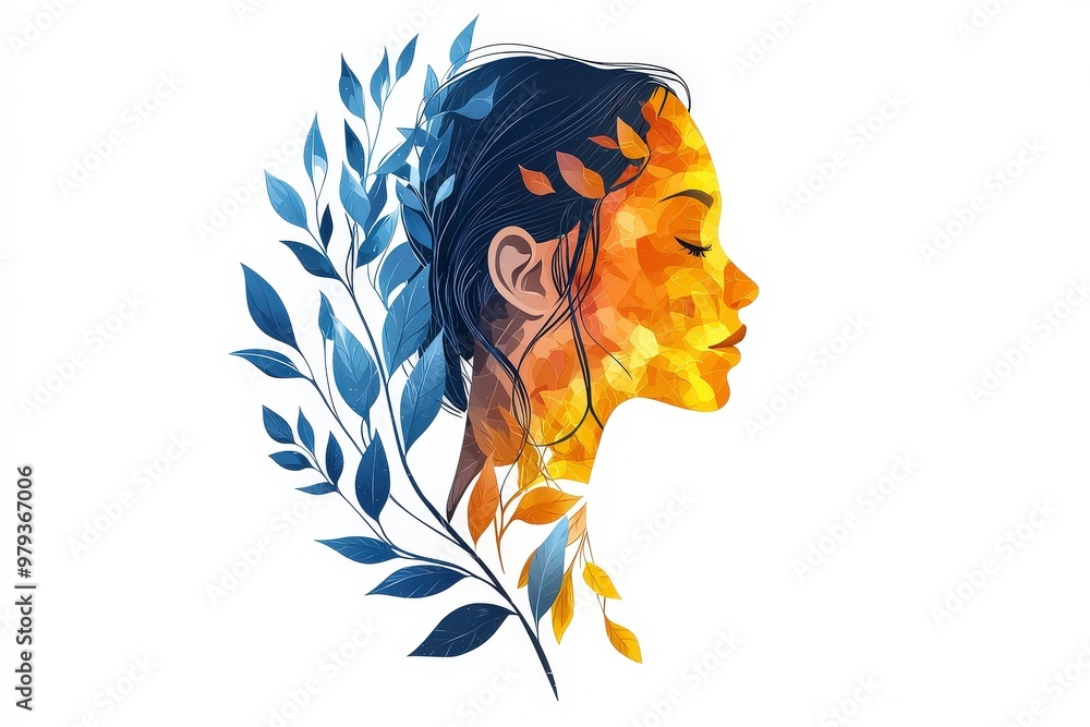Aufkleber this artwork features a striking profile of a woman adorned with bright colors and leaves, blending 