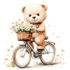 A delicate watercolor poster in soft pastel colors featuring a cute teddy bear on a bicycle. Ideal for children’s decor, nursery art, or any playful, whimsical design.